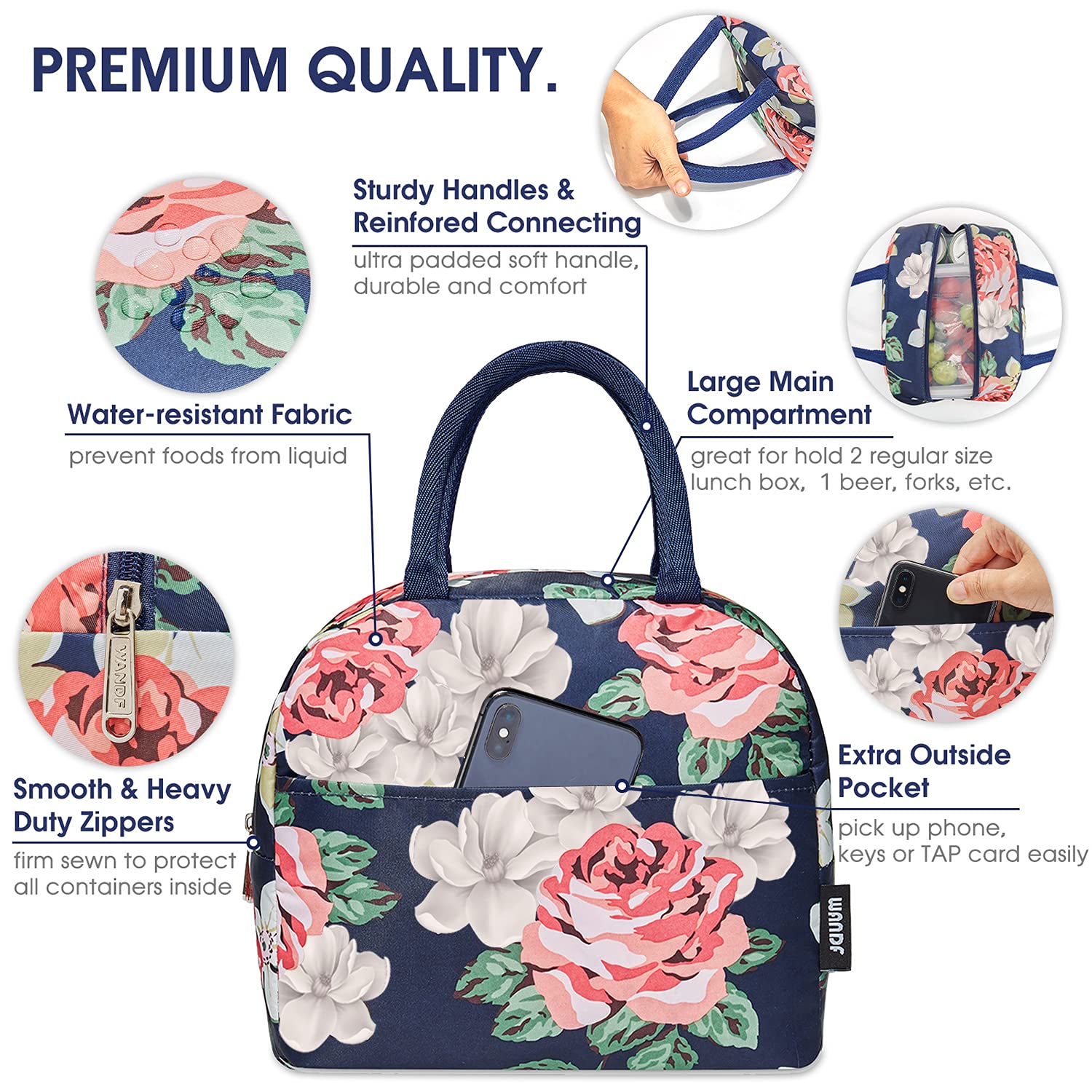 Lunch Bag Reusable Cooler Bag Lunch Box Containers Insulated Lunchbox Tote Bag Water-resistant Leakproof Womens Mens Office Work Hiking Picnic Fishing (Blue Peony with Upgrade Insulated Lining)