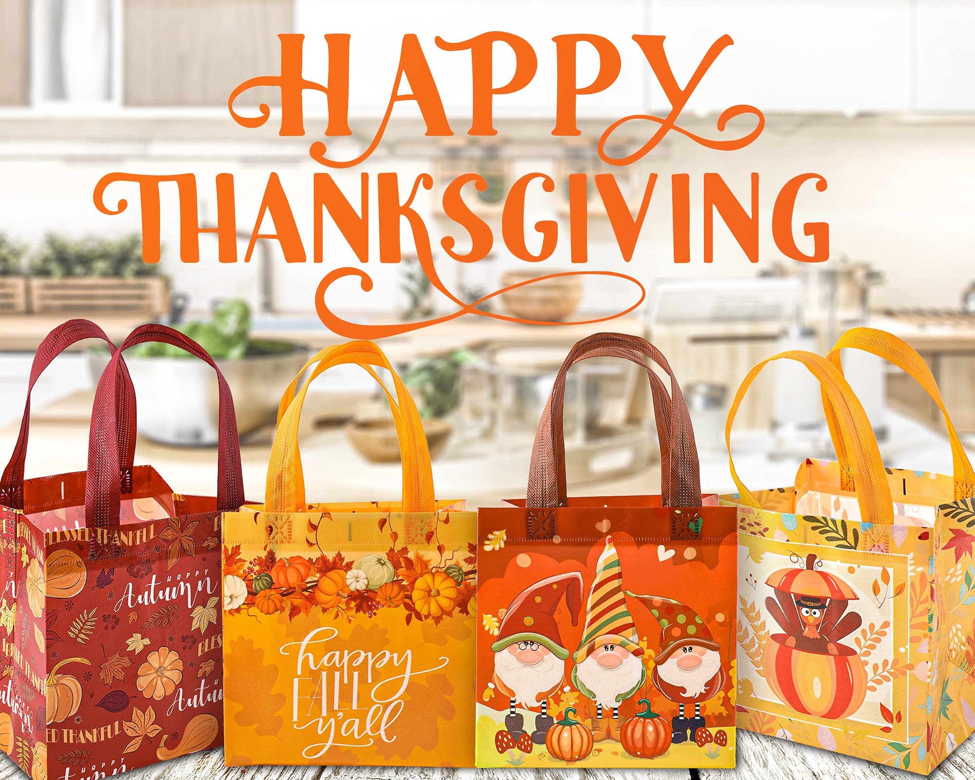 AnyDesign Fall Non-Woven Tote Bags Waterproof Pumpkin Turkey Gnome Party Bags with Handles Reusable Gift Bag Grocery Goodie Shopping Bag Treat Favor Bag for Autumn Thanksgiving Party Supplies, 8 Pack