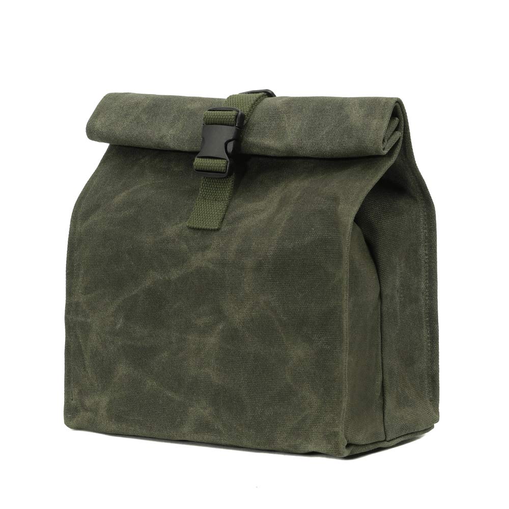 Kaaltisy Heavy Duty Lunch Bags Waxed Canvas Roll-top Lunch Boxes Waterproof Reusable Lunch Bag with Adjustable Buckle, Green, Hard Handfeel
