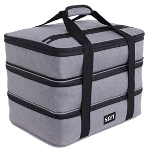 sefi insulated casserole dish carrier 3 decker for hot food or cold drink | thermal food container with expandable compartment | keep food warm for travel, picnic & special occasions (gray)