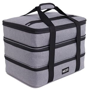 SEFI Insulated Casserole Dish Carrier 3 Decker for Hot Food or Cold Drink | Thermal Food Container with Expandable Compartment | Keep Food Warm for Travel, Picnic & Special Occasions (Gray)