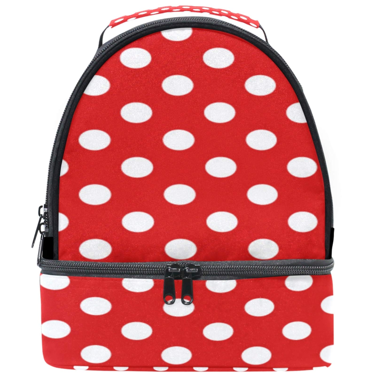 Naanle Red White Polka Dot Double Decker Insulated Lunch Box Bag Waterproof Leakproof Cooler Thermal Tote Bag Large for Men Women