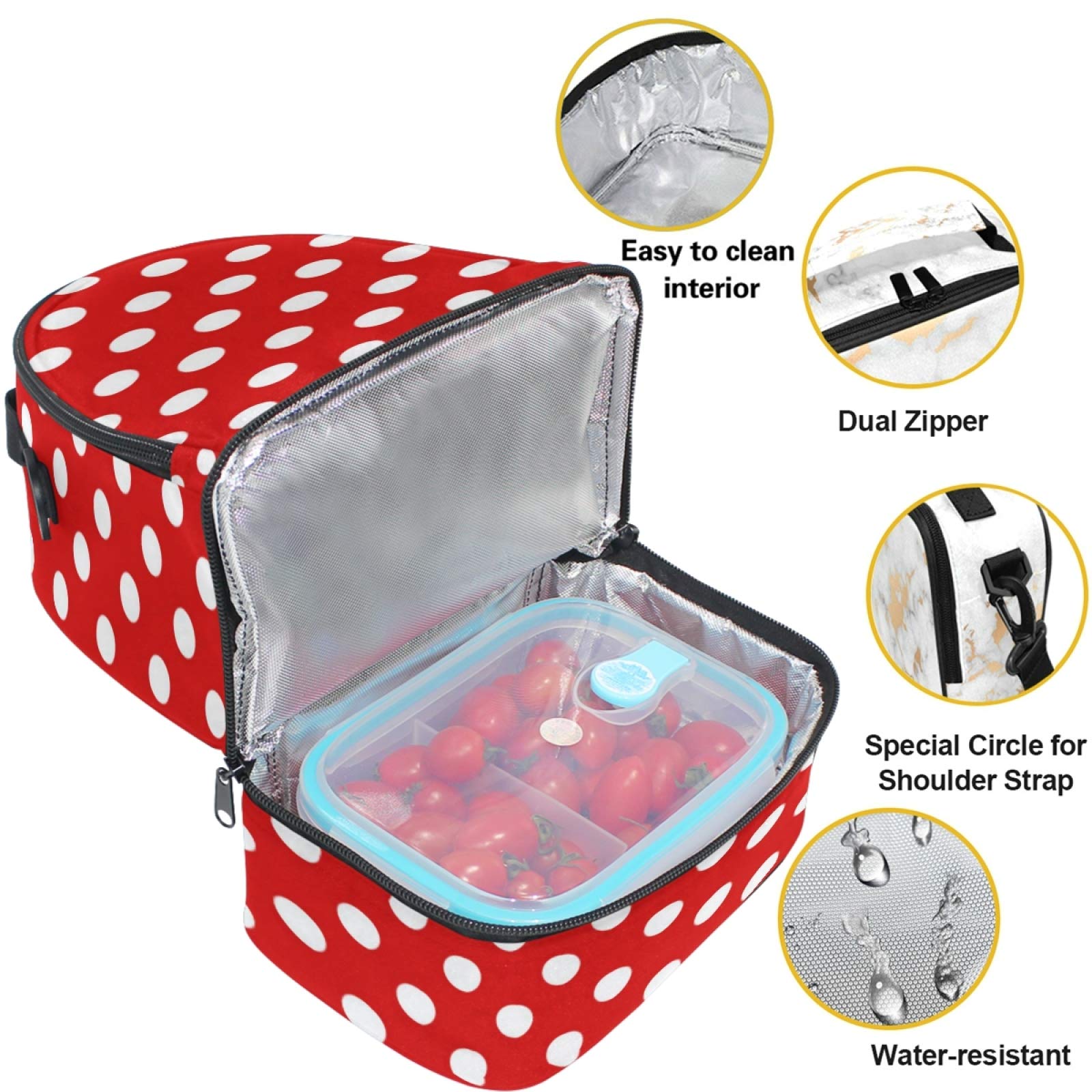 Naanle Red White Polka Dot Double Decker Insulated Lunch Box Bag Waterproof Leakproof Cooler Thermal Tote Bag Large for Men Women