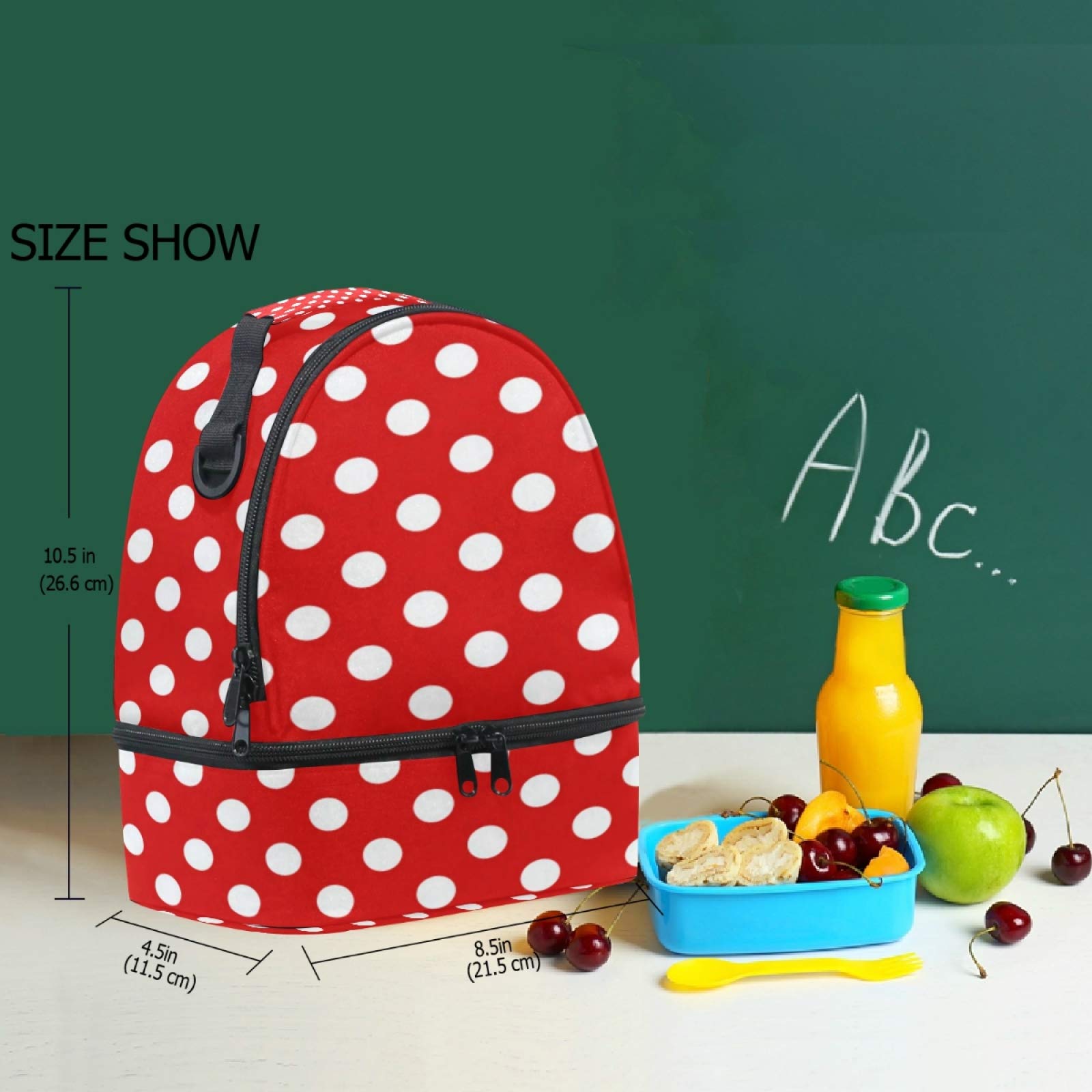 Naanle Red White Polka Dot Double Decker Insulated Lunch Box Bag Waterproof Leakproof Cooler Thermal Tote Bag Large for Men Women