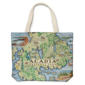 xplorer maps acadia national park canvas tote bag with handles, cloth grocery shopping bag, reusable & eco-friendly bag, 100% cotton, washable, 18 wide x 15 tall