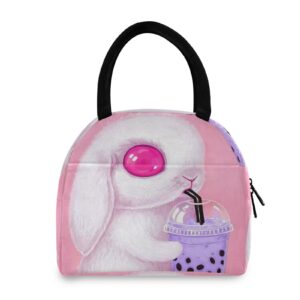 lunch bag cute bunny rabbit bubble milktea insulated lunch box leakproof zippered lunch tote bag large cooler bag with front pocket for women/men work school girl boy