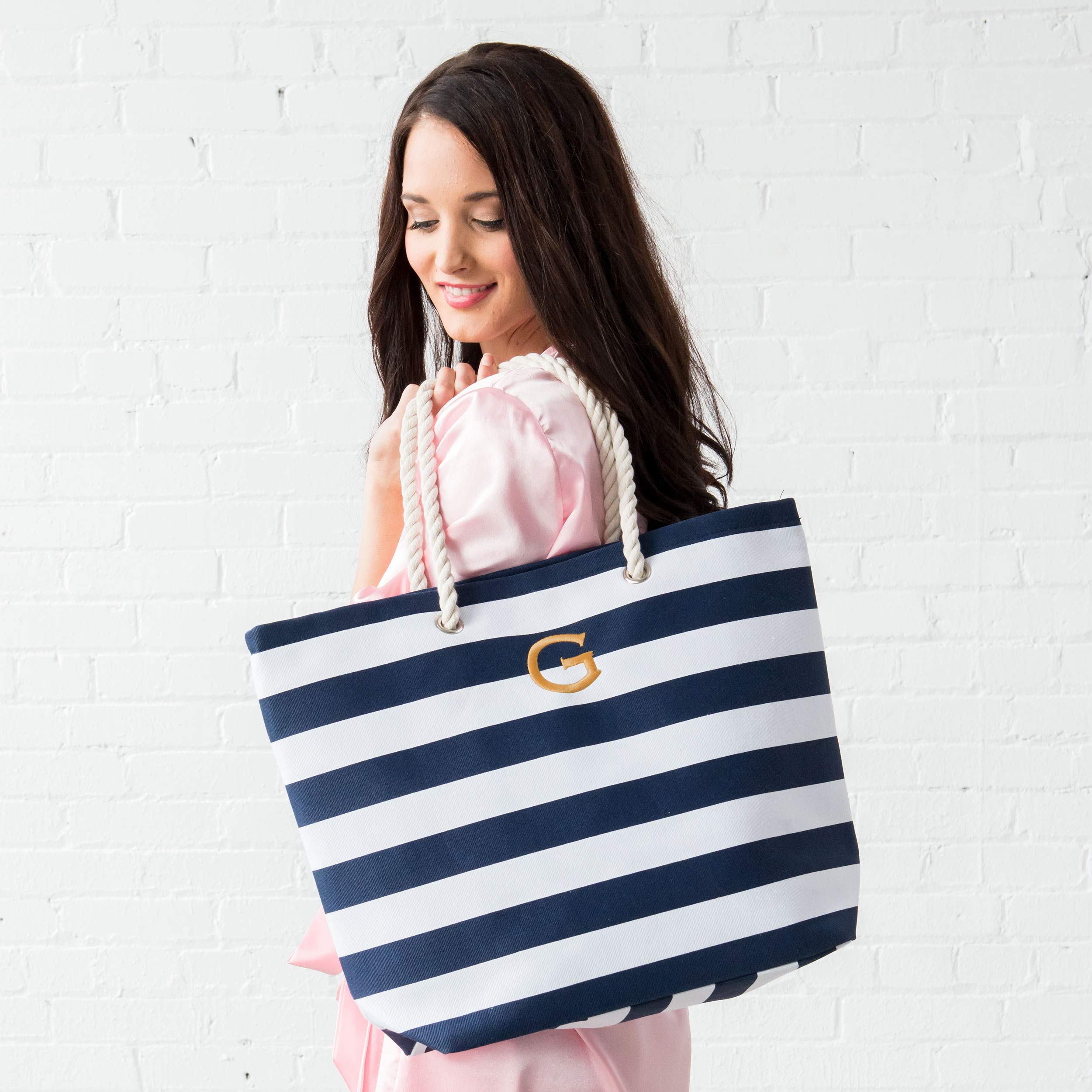 WEDDINGSTAR Personalized Extra-Large Cabana Stripe Canvas Fabric Tote Bag - Navy