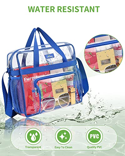 Clear Tote Bag Stadium Approved 12×12×6, Clear Lunch Bag with Front Pockets, Clear Tote Bag for Festival, Concerts, Sports Events-Blue