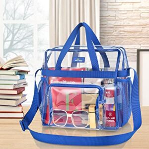 Clear Tote Bag Stadium Approved 12×12×6, Clear Lunch Bag with Front Pockets, Clear Tote Bag for Festival, Concerts, Sports Events-Blue