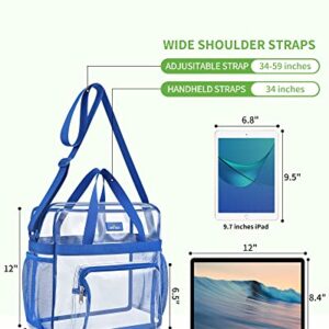 Clear Tote Bag Stadium Approved 12×12×6, Clear Lunch Bag with Front Pockets, Clear Tote Bag for Festival, Concerts, Sports Events-Blue