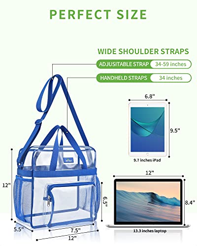 Clear Tote Bag Stadium Approved 12×12×6, Clear Lunch Bag with Front Pockets, Clear Tote Bag for Festival, Concerts, Sports Events-Blue