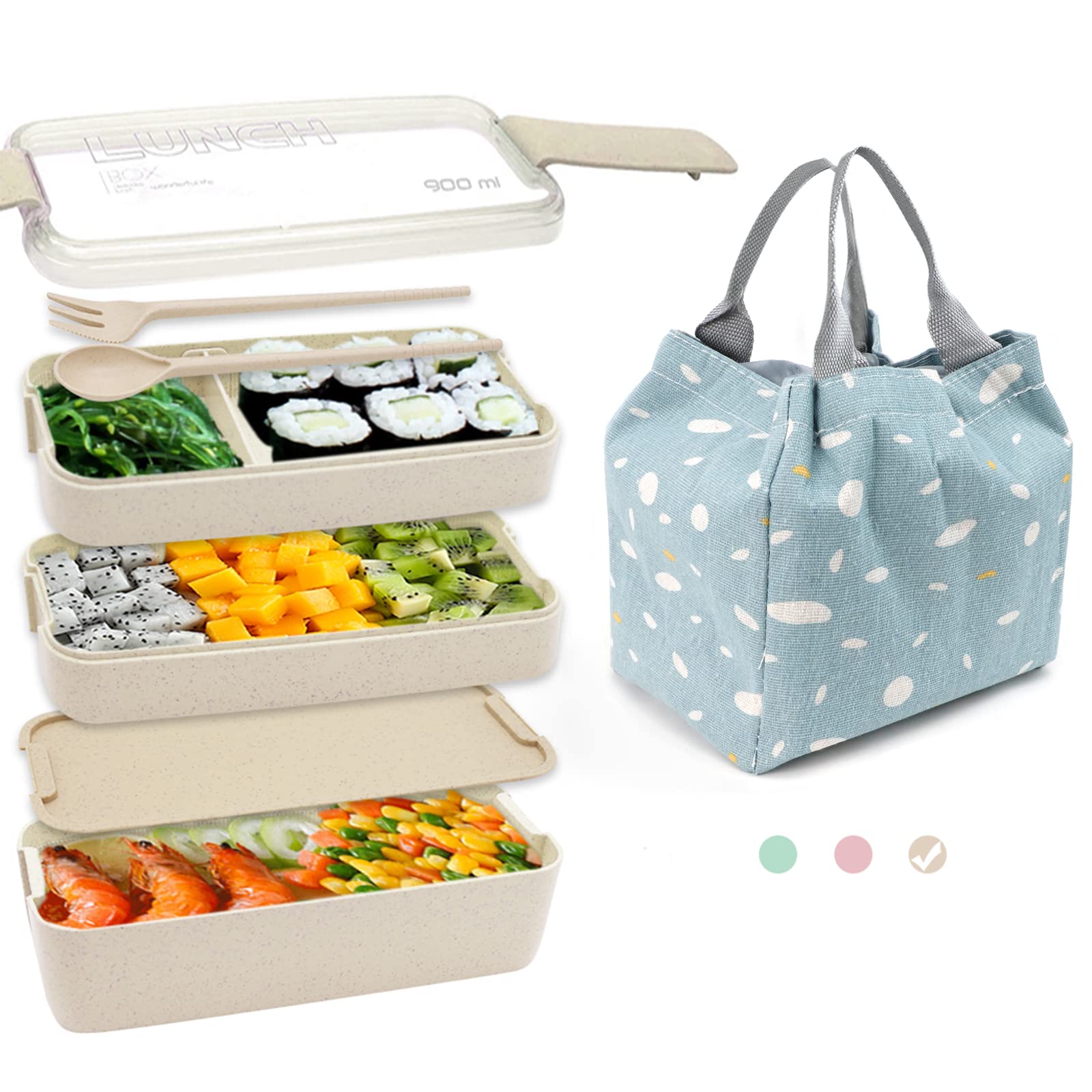 SITAKE Bento Box and Lunch Box for Kids with Lunch Bag, Spoon and Fork, 3 Layer 900ml/32oz Bento Box Adult Lunch Box, Cute and Exquisite Japanese Snack Box for Adults (Beige)