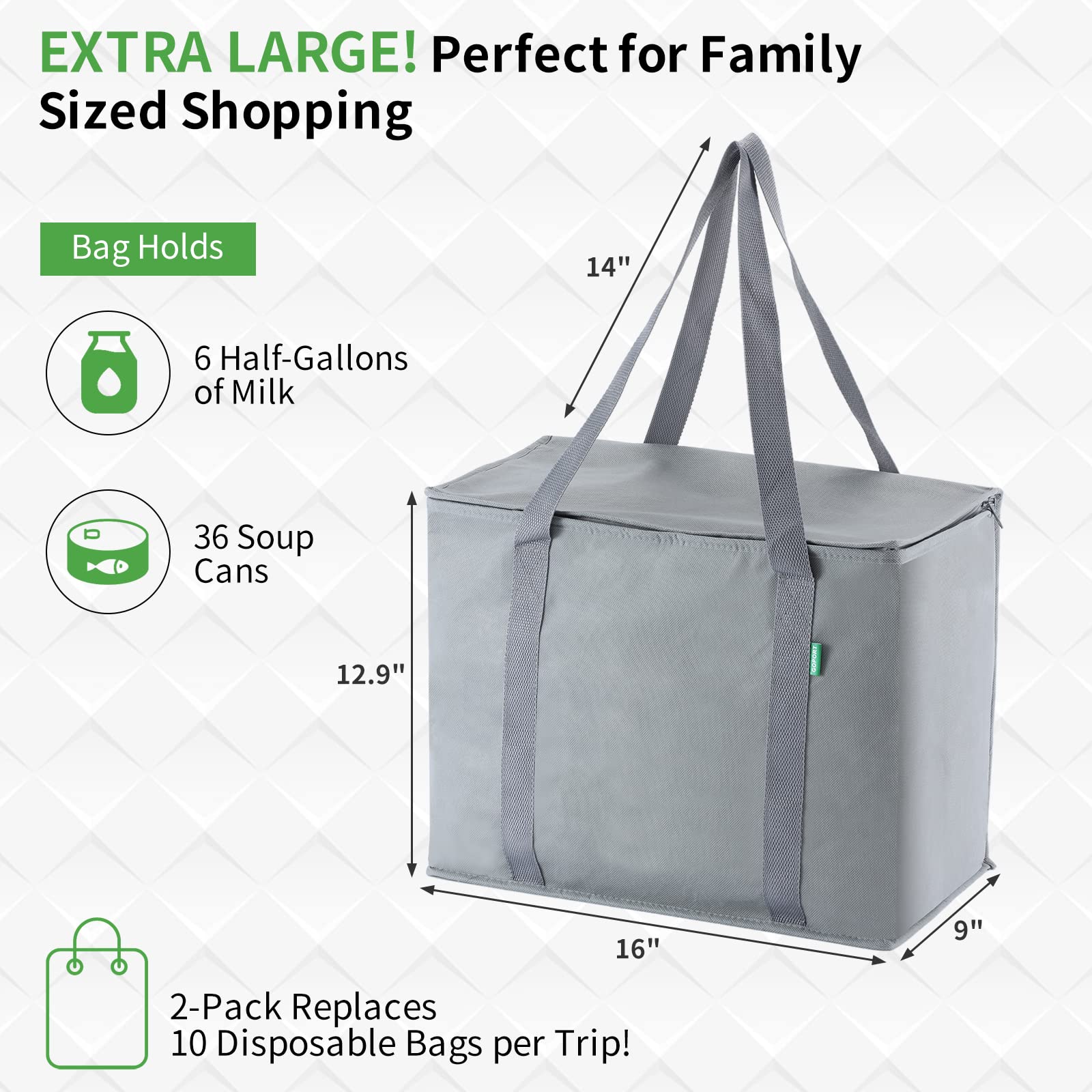 GOPORT 4pcs Insulated Reusable Grocery Shopping Bags, Heavy Duty Large Tote Bag Set with Extra Long Handles Thermal Lining Grocery Bags