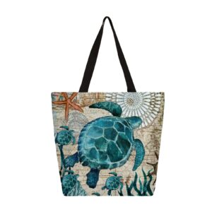 ocean turtle canvas tote bags women large casual shoulder bag handbag, reusable sea turtle shopping bags multipurpose grocery bag for outdoors