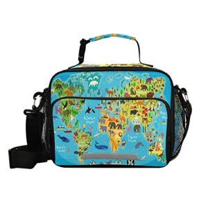 kids animal world map lunch box reusable insulated school lunch bag cooler cooling lunch tote bag for boys,girls,travel,picnic（2021925）