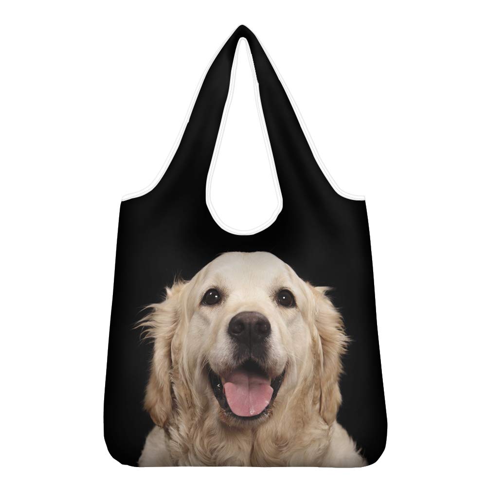 WELLFLYHOM Reusable Grocery Bags Machine Washable Cute Dog Golden Retriever Foldable Washable Reusable Bags Grocery Foldable Tote Bag for Shopping, Black