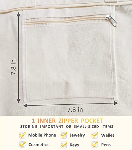 PN.HCNMTFB Canvas Tote Bag, 1 Inner Pockets, with Zipper, Stylish and Durable, Lightweight, Natural Cotton Grocery Shopping Cloth Bag, Perfect for Gifts, Work, School, Travel, Off-White