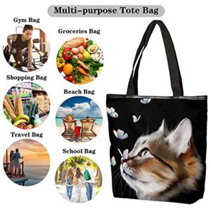 Cat Kitten Canvas Tote Bag for Women Reusable Grocery Bag with Zippered Top Butterfly Grocery Shopping Bags Beach Bag Book Bags Small