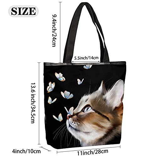 Cat Kitten Canvas Tote Bag for Women Reusable Grocery Bag with Zippered Top Butterfly Grocery Shopping Bags Beach Bag Book Bags Small