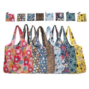 8pcs reusable grocery bags, 13.78x3.15x18.11" foldable floral grocery bags 190t washable groceries shopping tote bags sets large colorful folding reusable bags with zipper fashion handles bags bulk