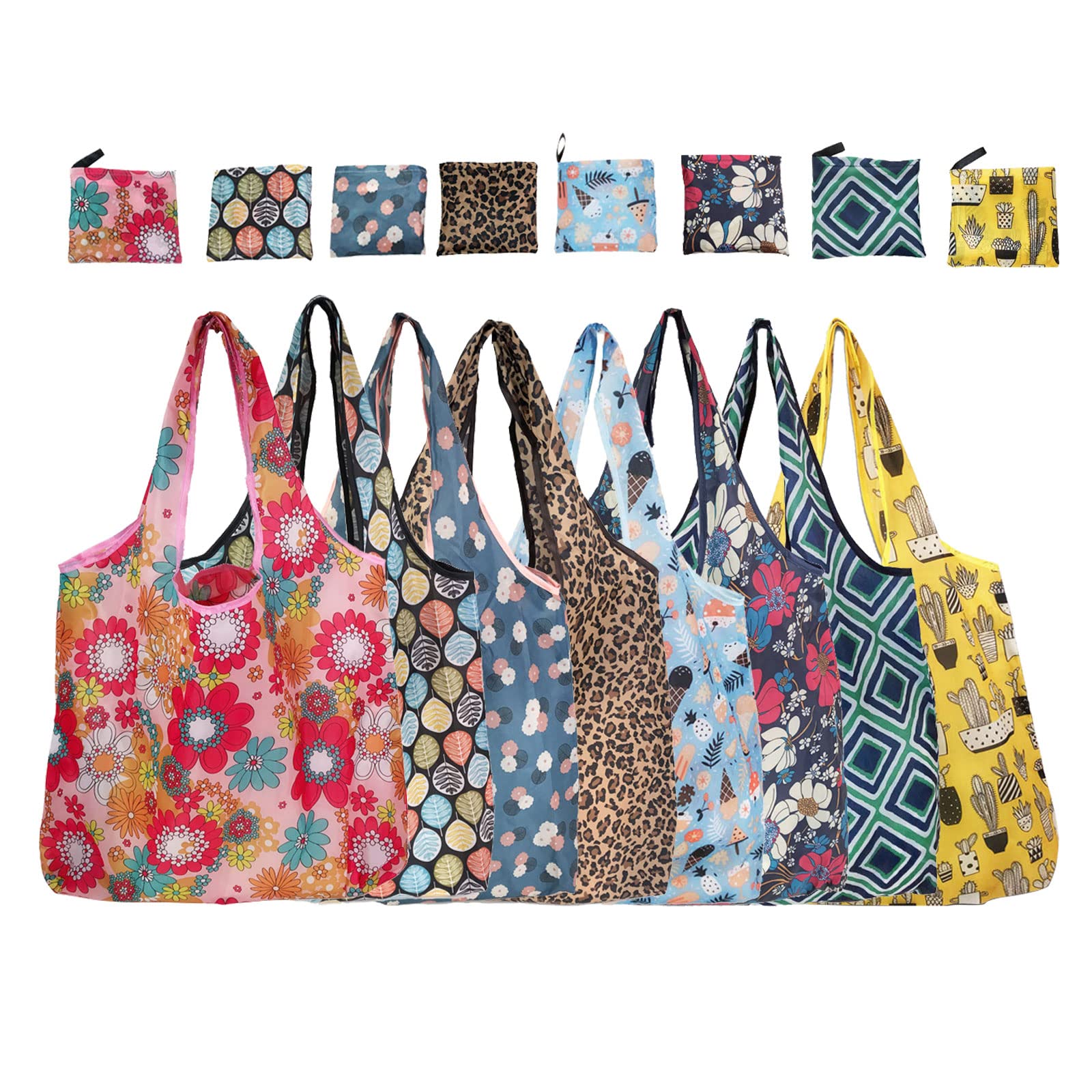 8Pcs Reusable Grocery Bags, 13.78x3.15x18.11" Foldable Floral Grocery Bags 190T Washable Groceries Shopping Tote Bags Sets Large Colorful Folding Reusable Bags with Zipper Fashion Handles Bags Bulk