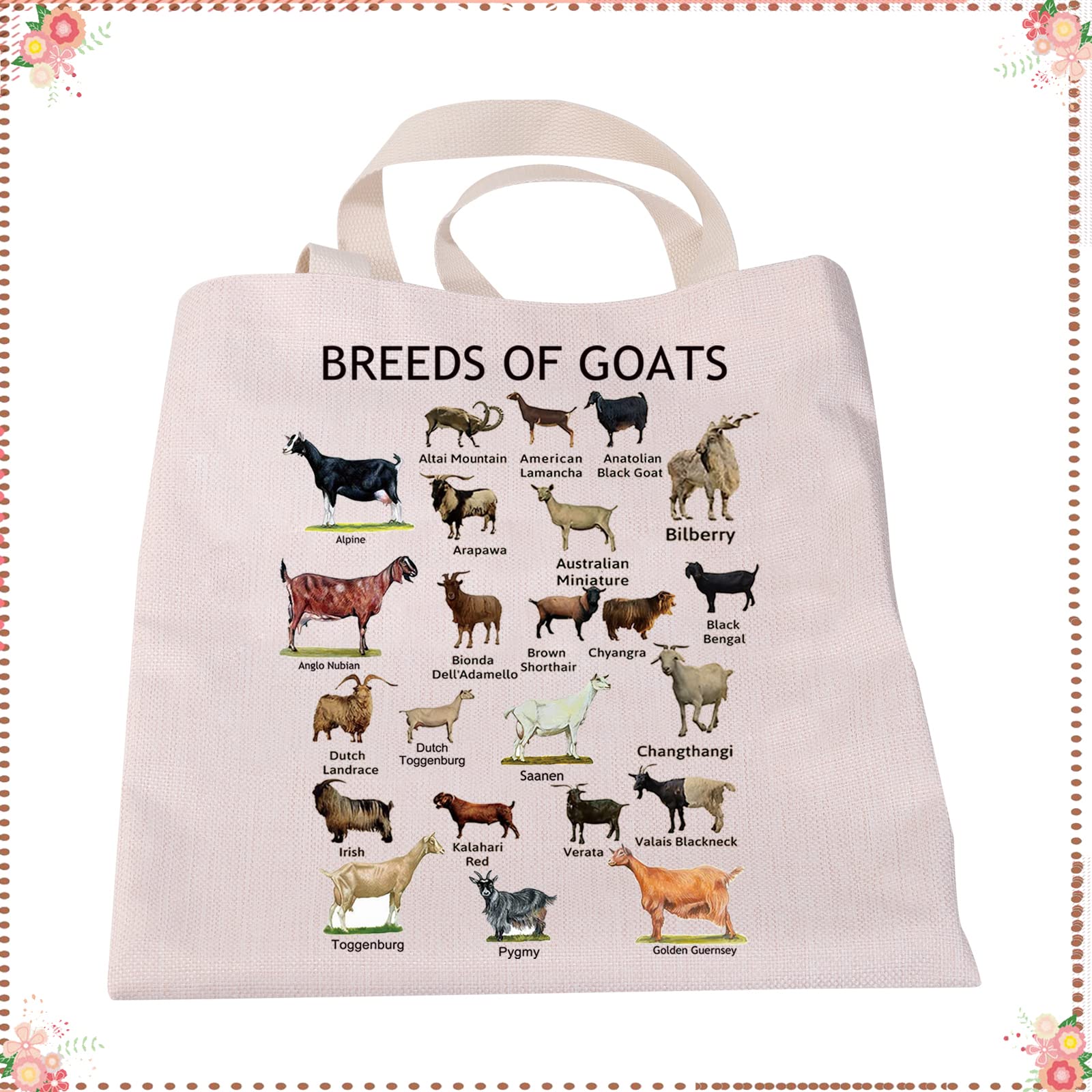 JYTAPP Goat Knowledge Bag Breeds Of Goats Canvas Tote Bag for Goat Lovers Goat Farmer Gift Goat Mom Reusable Grocery Bag