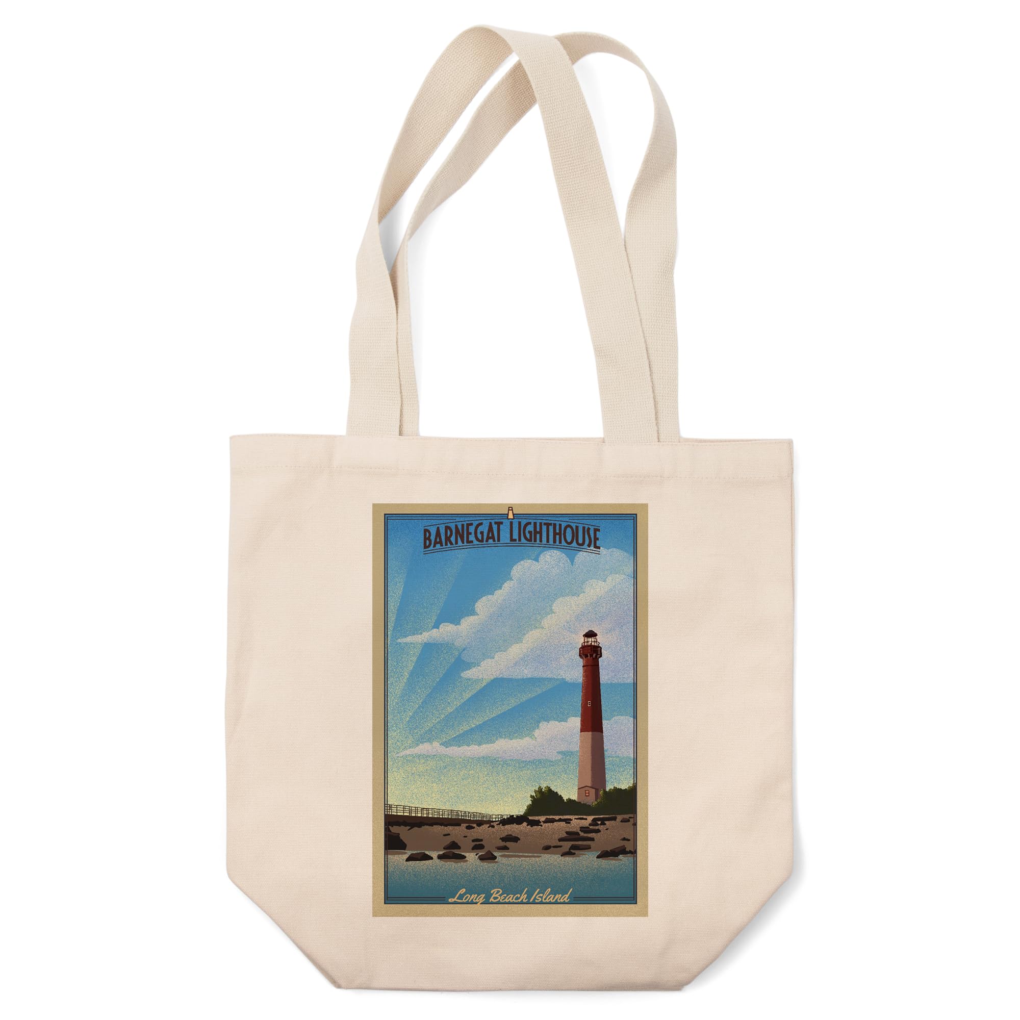 Lantern Press Long Beach Island, New Jersey, Barnegat Lighthouse, Lithograph (100% Cotton Canvas Reusable Tote Bag)