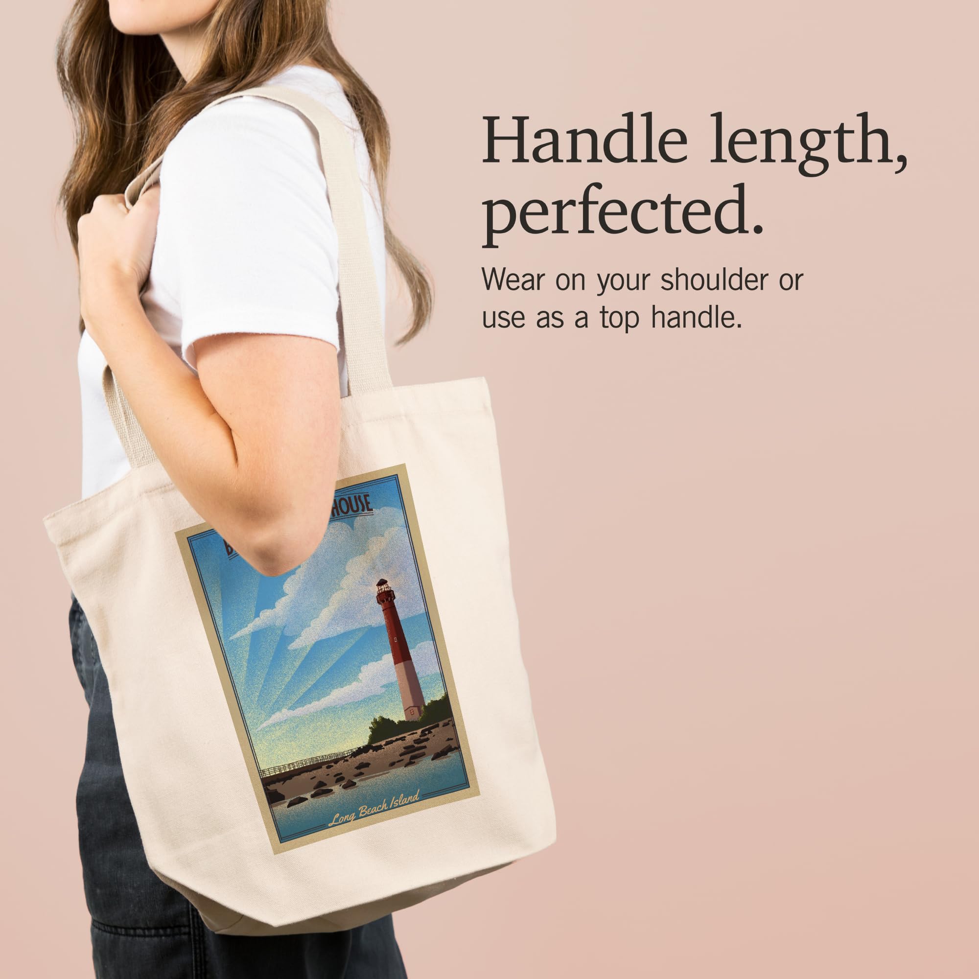 Lantern Press Long Beach Island, New Jersey, Barnegat Lighthouse, Lithograph (100% Cotton Canvas Reusable Tote Bag)