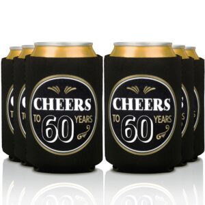 prazoli cheers to 60 years beer can coolers (12 pack) - 60th birthday party decorations & supplies - black & gold | perfect men anniversary coolers set for parties