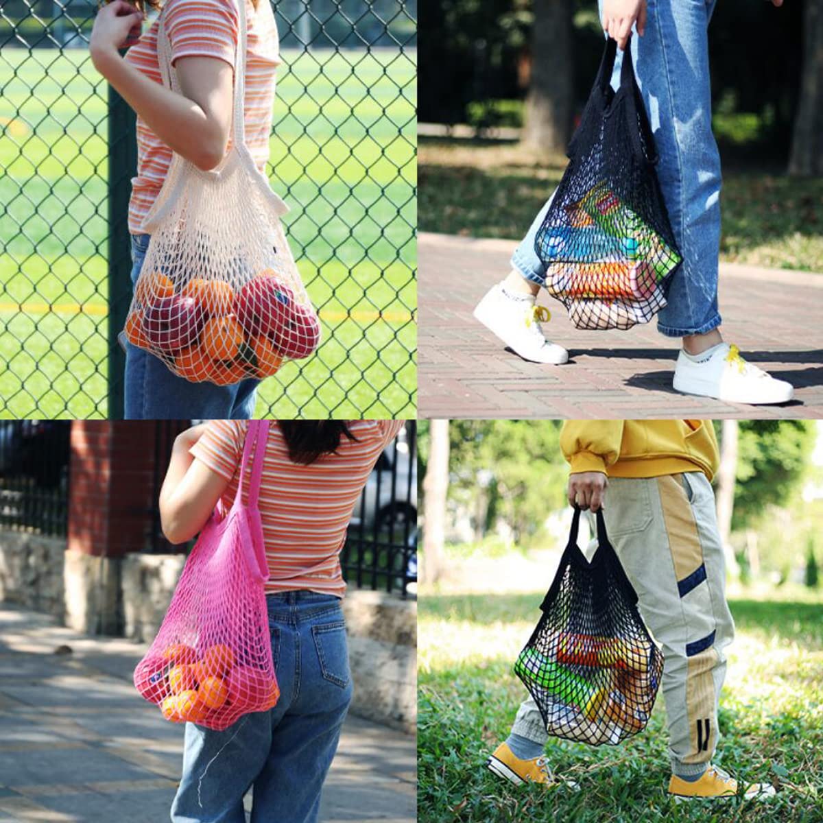 FZBNSRKO Cotton String Shopping Bags,2 Pack Cotton Mesh Bags Random Style Reusable Cotton Mesh Grocery Bags for Fruit&Vegetable Market Bags/Shopping Produce Net Bags,Black