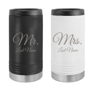 mr and mrs can custom personalized hard seltzers cooler stainless steel laser engraved insulated slim newlyweds couples wedding hard sided beverage holder 12 oz