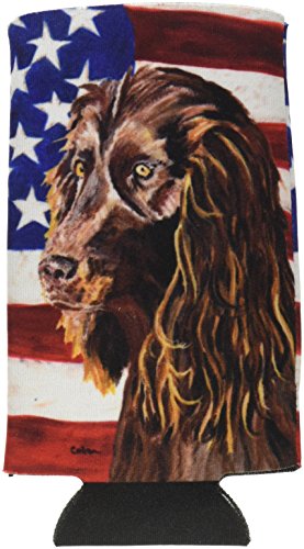 Caroline's Treasures SC9518MUK Boykin Spaniel with American Flag Ultra Hugger for slim cans Can Cooler Sleeve Hugger Machine Washable Drink Sleeve Hugger Collapsible Insulator Beverage Insulated Holde