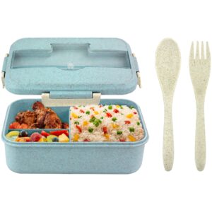 bento style lunch box - wheat straw bento box with utensils, 3 dividers, & flatware storage - microwavable, freezable, dishwasher safe, & leakproof lunch container by o-yaki - blue green/teal
