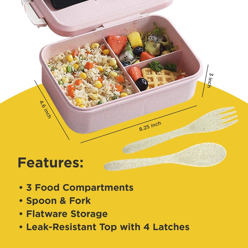 Bento Style Lunch Box - Wheat Straw Bento Box with Utensils, 3 Dividers, & Flatware Storage - Microwavable, Freezable, Dishwasher Safe, & Leakproof Lunch Container by O-Yaki - Blue Green/Teal