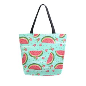 alaza watermelon pattern blue canvas tote bag top handle purses large totes reusable handbags cotton shoulder bags for women travel work shopping grocery