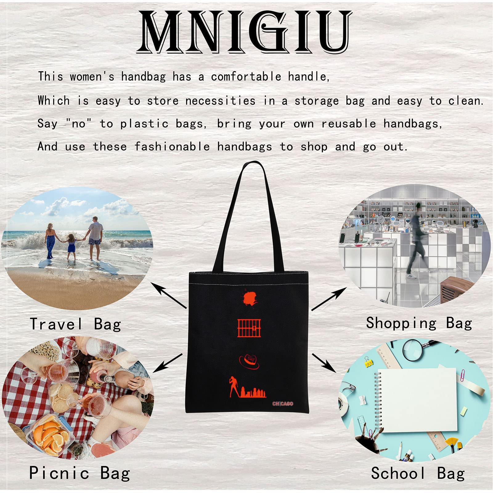 MNIGIU Chicago Musical Tote Bag Chicago Musical Inspired Gift Broadway Musical Theater Fans Gift (Chic-ago Tote)
