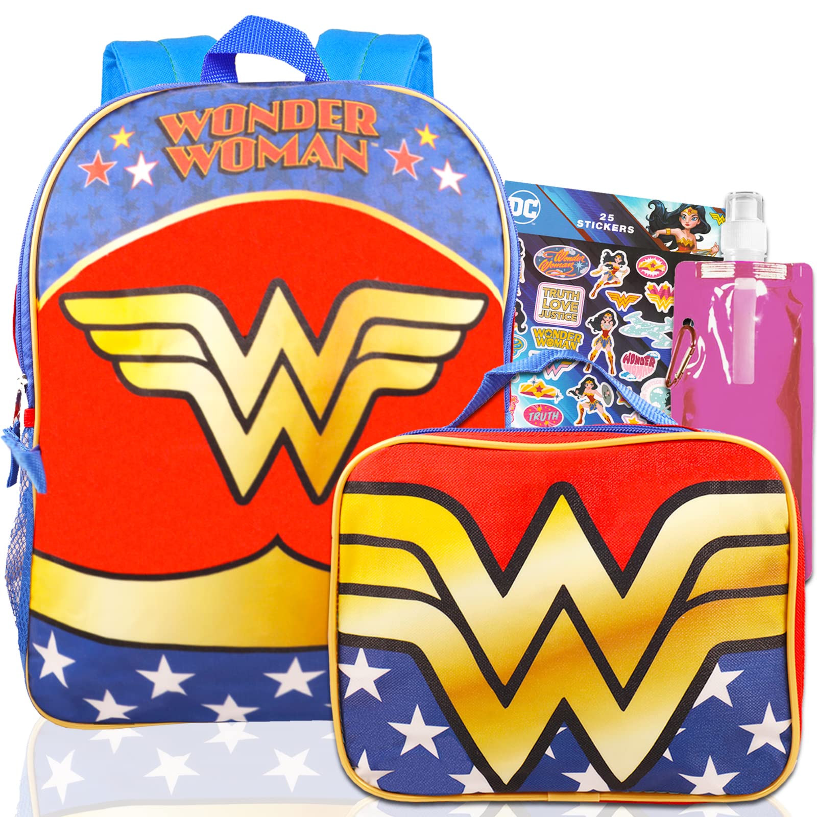 DC Shop Wonder Woman Backpack Lunch Box Set ~ 6-Pc Bundle With Premium 16" Wonder Woman School Bag, Lunch Bag, Water Bottle, Stickers, and More (Wonder Woman School Supplies)