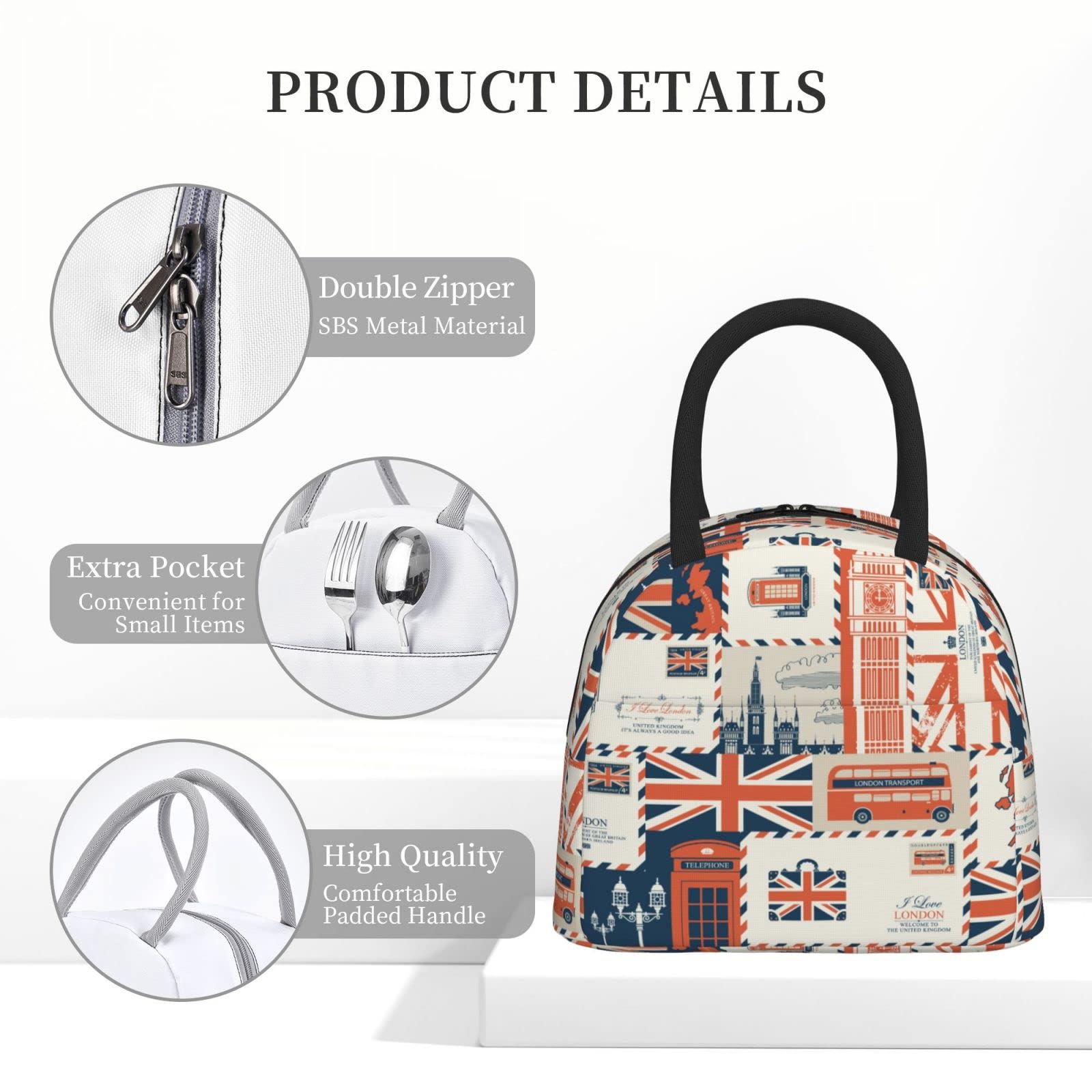 Oplp London Theme Envelopes Symbols Flag Retro Style Lunch Bag Box Meal Prep Insulated Handbag Reusable Lunch Container