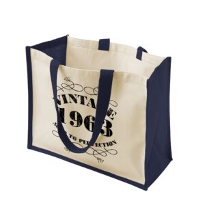 60th birthday tote bag gifts for women - reusable cotton jute shoulder bags for shopping - vintage 1963 - blue-s