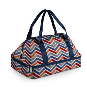 oniva - a picnic time brand potluck casserole carrier, insulated thermal food carrier, insulated casserole carrier, navy blue, orange, & gray pattern