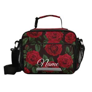glaphy custom red rose flower lunch bag for boys kids, personalized your name lunch tote bags insulated lunch box for office work school picnic
