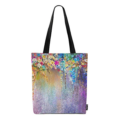 Moslion Colorful Floral Bags Watercolor Painting Flowers Leaves Canvas Handbag Reusable Shopping Bags Casual Shoulder Tote Bag for Women 15x16 Inch