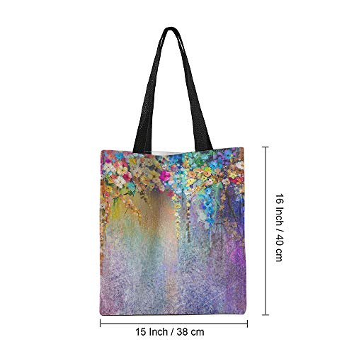 Moslion Colorful Floral Bags Watercolor Painting Flowers Leaves Canvas Handbag Reusable Shopping Bags Casual Shoulder Tote Bag for Women 15x16 Inch