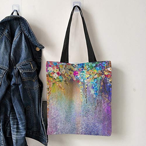 Moslion Colorful Floral Bags Watercolor Painting Flowers Leaves Canvas Handbag Reusable Shopping Bags Casual Shoulder Tote Bag for Women 15x16 Inch