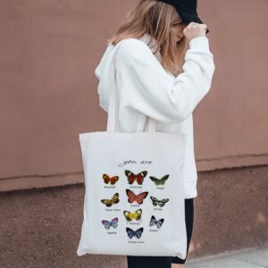 Yiminu.DS Butterfly Canvas Tote Bag for Women Small Tote Bag Aesthetic with Pockets，Cute Cloth Tote Bags Grocery Bag Cute Totebag，Cotton School Tote Bag for Summer Shopping