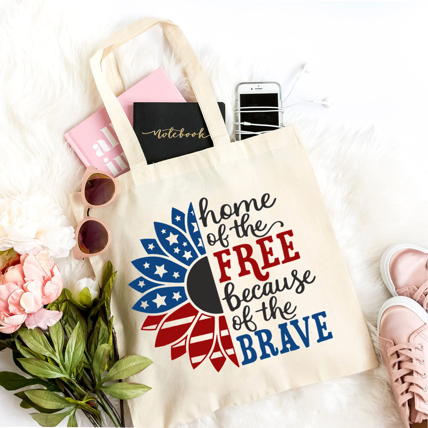 TSIIUO Women's American Flag Sunflower Retro Canvas Tote Bag Funny 4th of July Patriotic Reusable Aesthetic Shopping Bag White