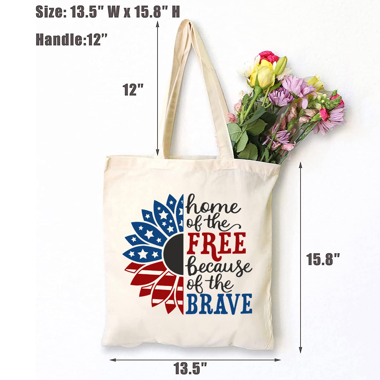 TSIIUO Women's American Flag Sunflower Retro Canvas Tote Bag Funny 4th of July Patriotic Reusable Aesthetic Shopping Bag White