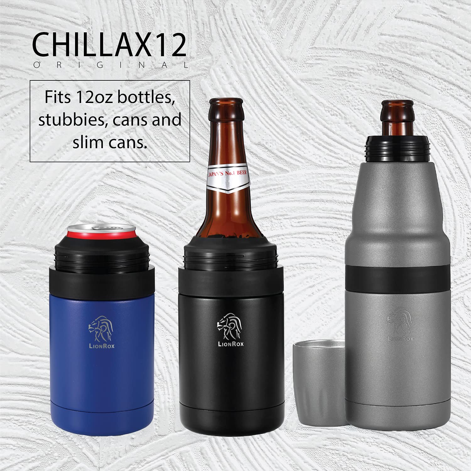 LionRox Chillax12 Beer Bottle and Can Insulator | Fully Vacuum Insulated Double Walled Stainless Steel Beer Bottle and Can Cooler | Beer Bottle and Can Holder (Navy Blue)
