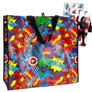 avengers tote bag for boys set - bundle with extra large avengers reusable tote bag plus avengers stickers and bookmark | marvel tote bag for kids