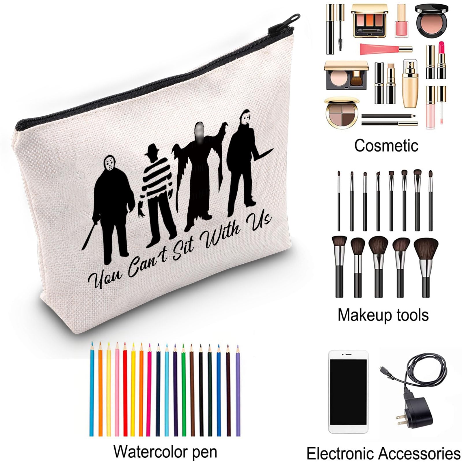 ZJXHPO Horror Movies Lover Gift You Cant Sit With Us Makeup Bag Horror Movie Fan Gift Horror Movie Canvas Tote Bag (Sit With Us 2)